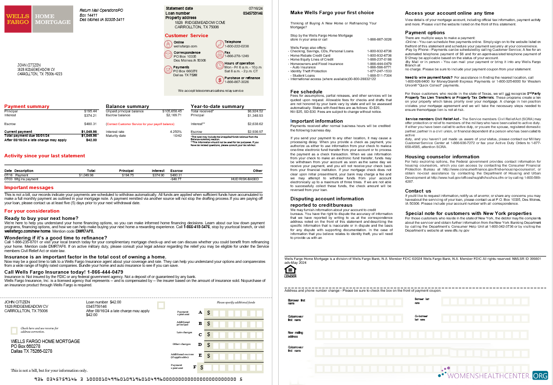 Download USA Texas Wells Fargo bank mortgage statement, 2 pages scr Photoshop template